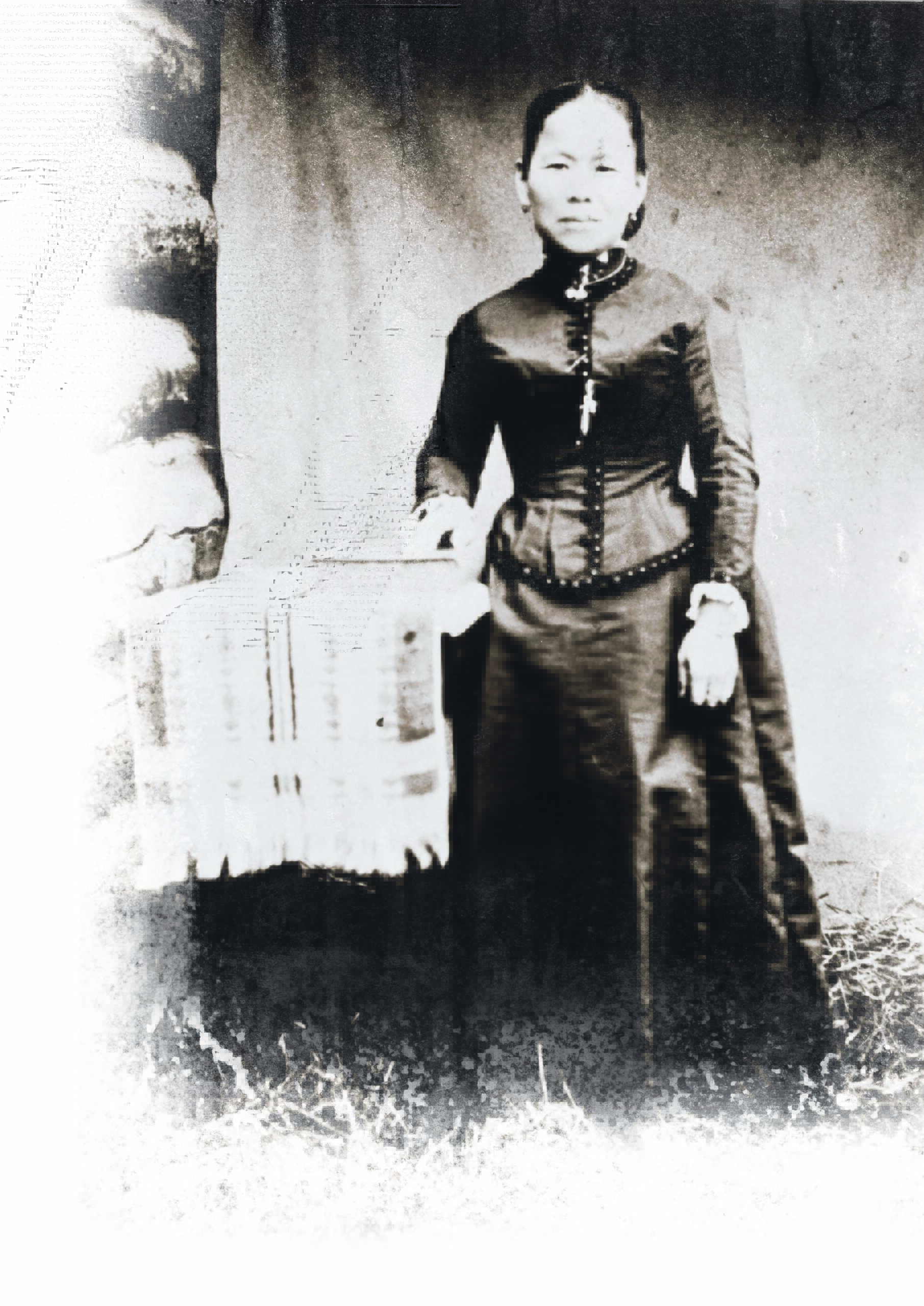 black and white photo of woman in black dress