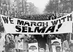 Marchers carrying banner lead way as 15,000 parade in Harlem (March 1965)/World Telegram & Sun photo by Stanley Wolfson. Library of Congress.
