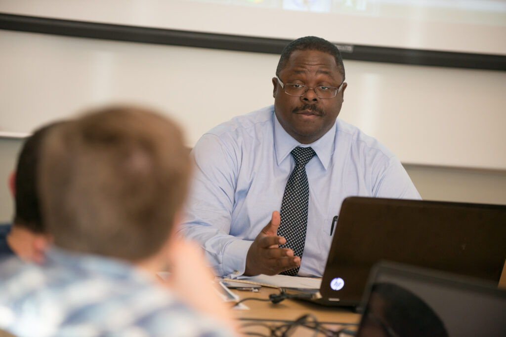 Tyson King-Meadows speaks with students. 