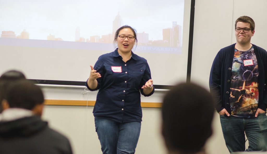 Choi emceeing an InterVarsity large group meeting, an activity that helped her broaden her perspectives; photo courtesy Grace Choi. Portrait by Marlayna Demond ‘11 for UMBC.