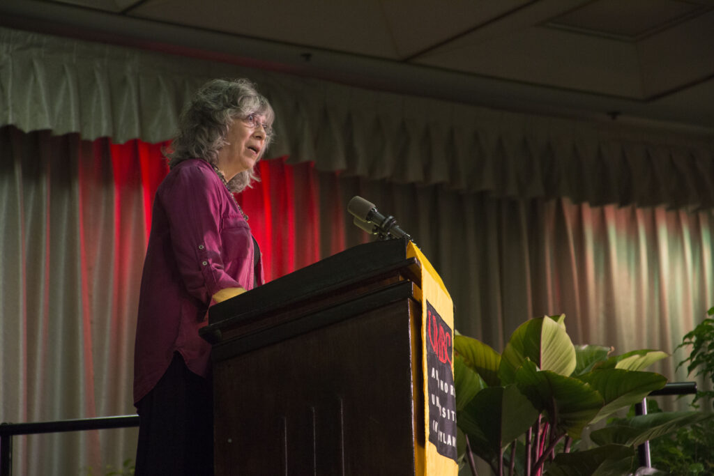 Wendy Salkind speaks to the crowd during the Roots of Greatness lunch.