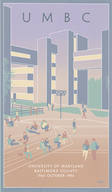 Nationally-known illustrator Lance Hidy designed the poster commemorating the 20th anniversary of the university. His work is known for its minimal detail and flat, solid colors.