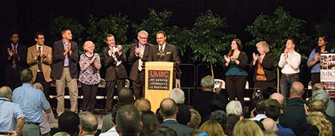 Founders Day Speakers (from left): Bentley Corbett-Wilson ’17, president, Student Government Association; Damian Doyle ’99, president, Professional Staff Senate; Matt Baker, vice president, Faculty Senate; Robin Mayne ’69; Greg Simmons ’04, MPP, vice president, Office of Institutional Advancement; Provost Philip Rous; President Freeman A. Hrabowski; Deanna Cerquetti,president, Graduate Student Association; Dottie Caplan, president, Non-Exempt Staff Senate; John Becker ’01, president, Alumni Board of Directors; Vrinda Deshpande, UMBC Class of 2020.