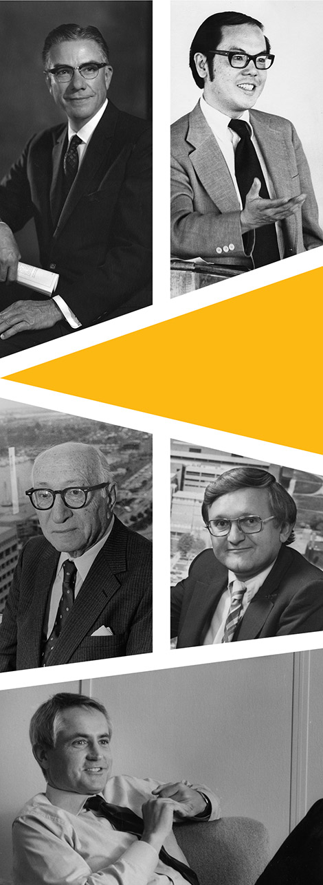 UMBC Presidents (from top left): Albin O. Kuhn; Calvin Lee, Louis Kaplan; John Dorsey; and Michael Hooker.