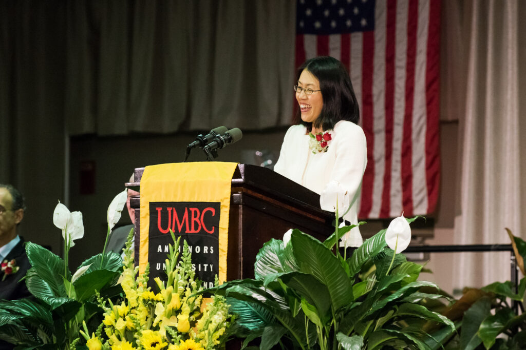 Sarah Shin speaking at 2017 UMBC Presidential Faculty and Staff Awards. 