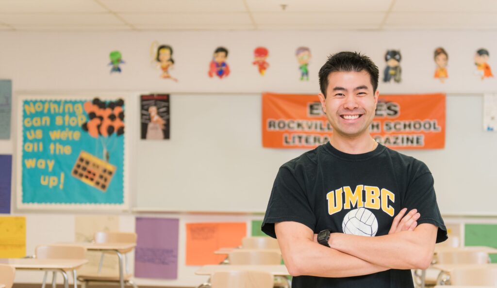 UMBC alumnus Sean Pang in his classroom