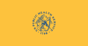 Mustard yellow flag of the Flag of the United States Public Health Service, featuring navy blue United States Public Health Service seal, with ship anchor and Caduceus symbol.