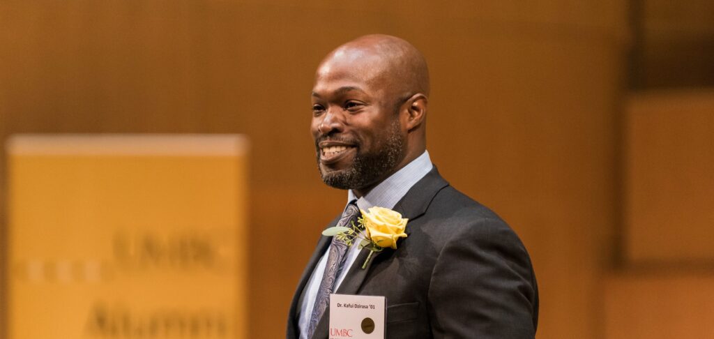 Kafui Dzirasa ’01, M8, chemical engineering, accepting the Outstanding Alumnus, Engineering and Information Technology award.