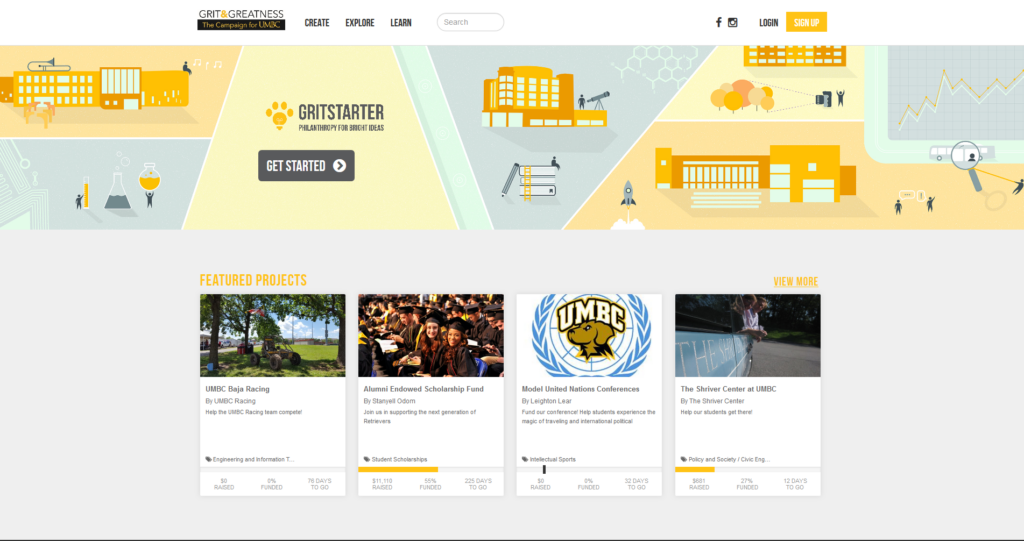 Screenshot of UMBC's Gritstarter homepage. 