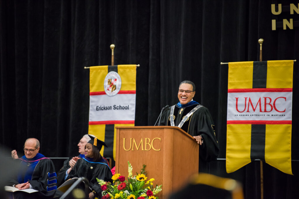 UMBC President Freeman Hrabowski addresses the audience during Winter Commencement Ceremonies 2017.