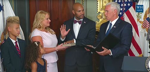 Jerome Adams swearing in as U.S. surgeon general. Photo from whitehouse.gov. 