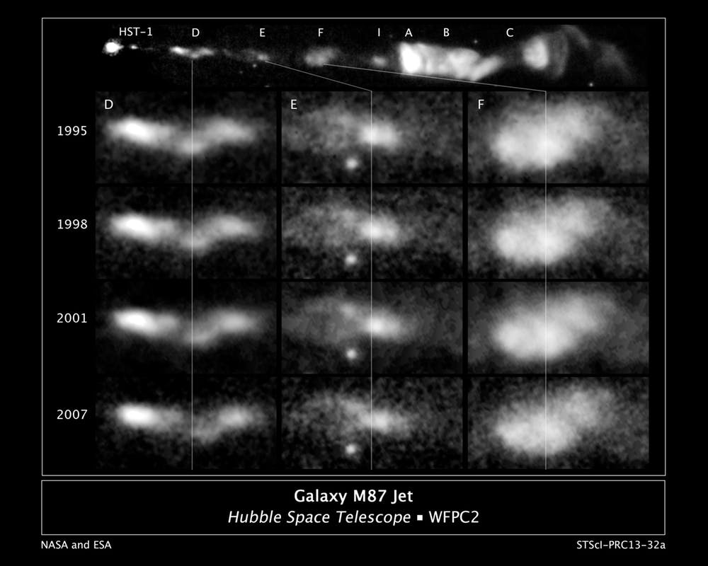A black-hole-powered jet of hot gas in the giant elliptical galaxy M87. NASA, ESA, E. Meyer, W. Sparks, J. Biretta, J. Anderson, S.T. Sohn, and R. van der Marel (STScI), C. Norman (Johns Hopkins University), and M. Nakamura (Academia Sinica)