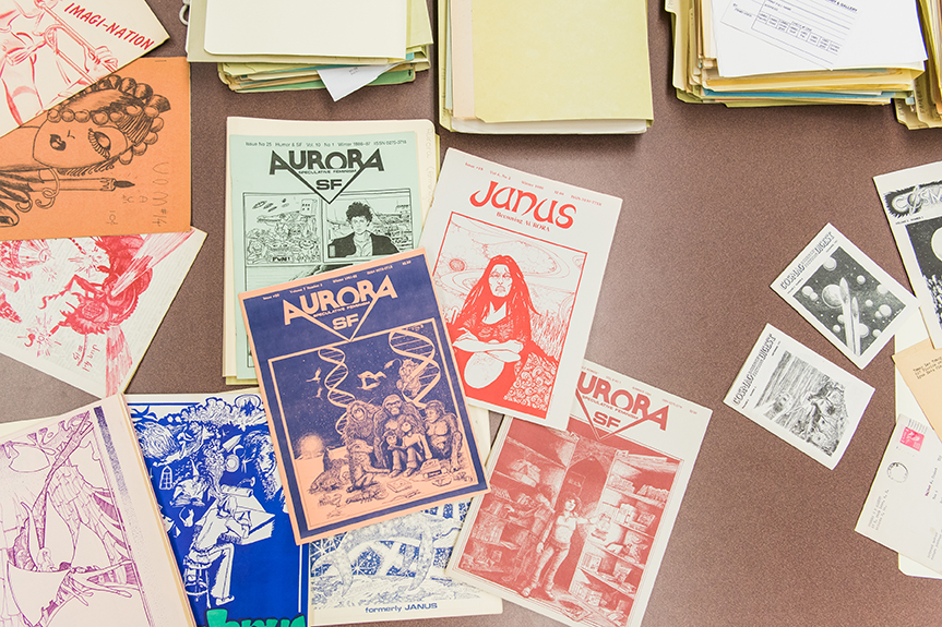 An array of titles from UMBC’s Coslet-Sapienza Fantasy and Science Fiction Fanzine Collection.