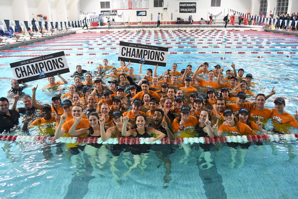 UMBC men’s and women’s swimming and diving teams celebrate their America East victory. Photo courtesy of Colleen Hummel.