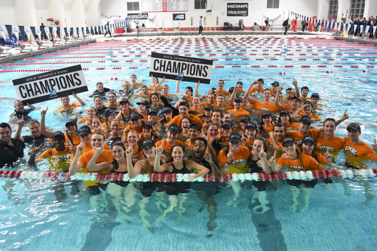  UMBC men’s and women’s swimming and diving teams celebrate their America East victory. Photo courtesy of Colleen Hummel.