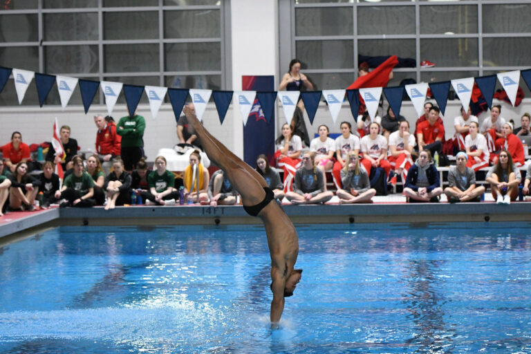 Elijah Wright executes an impressive dive during America East competition. Photo courtesy of Colleen Hummel.