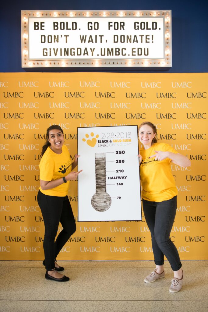 Two young women point to a poster they are holding showing a picture of a thermometer to indicate fundraising level. Above them, a sign reads, 