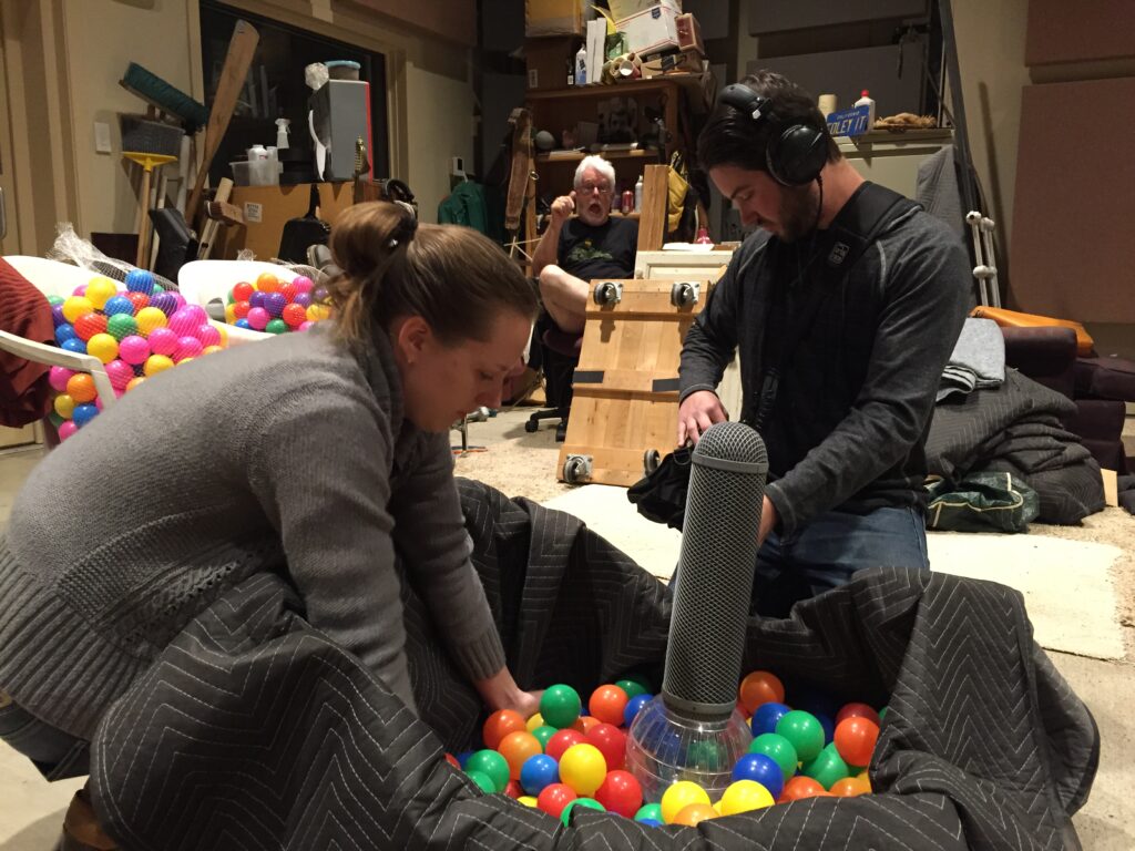 Patrick creates sounds on one of the foley stages at Skywalker with two of her coworkers.