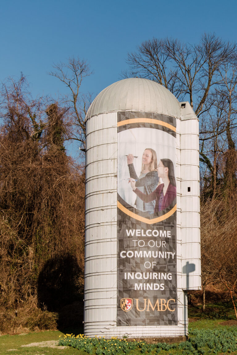 Silo banner at the entrance to UMBC’s campus.