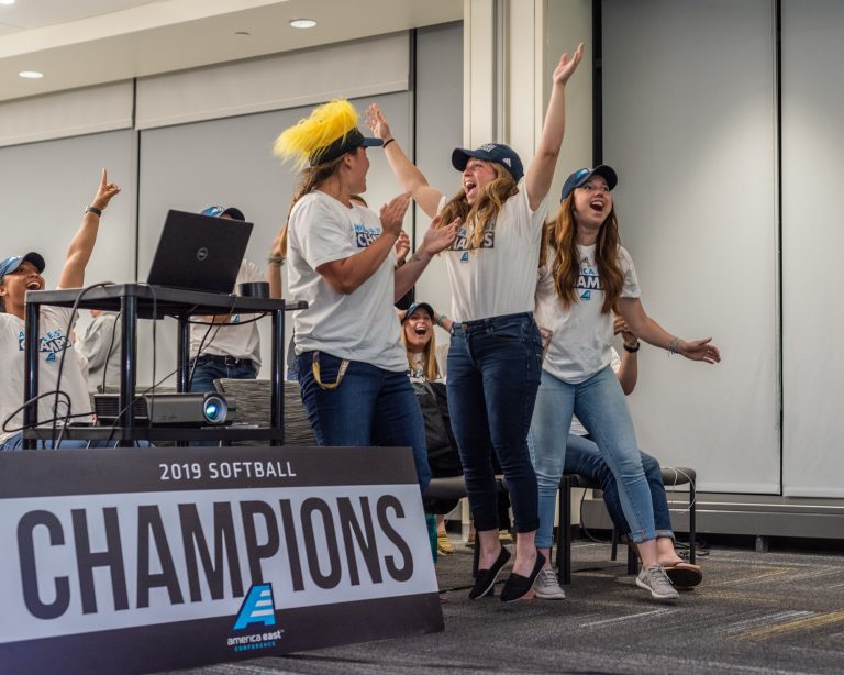 UMBC softball players find out their opponent during Selection Sunday. Photo courtesy of Ian Feldmann ‘20.