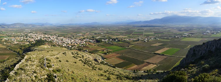 View of the Kopaic Plain in Boeotia, Greece. People first partially drained the area 3,300 years ago to claim land for agriculture and it’s still farmed today.Lucas Stephens, CC BY-SA