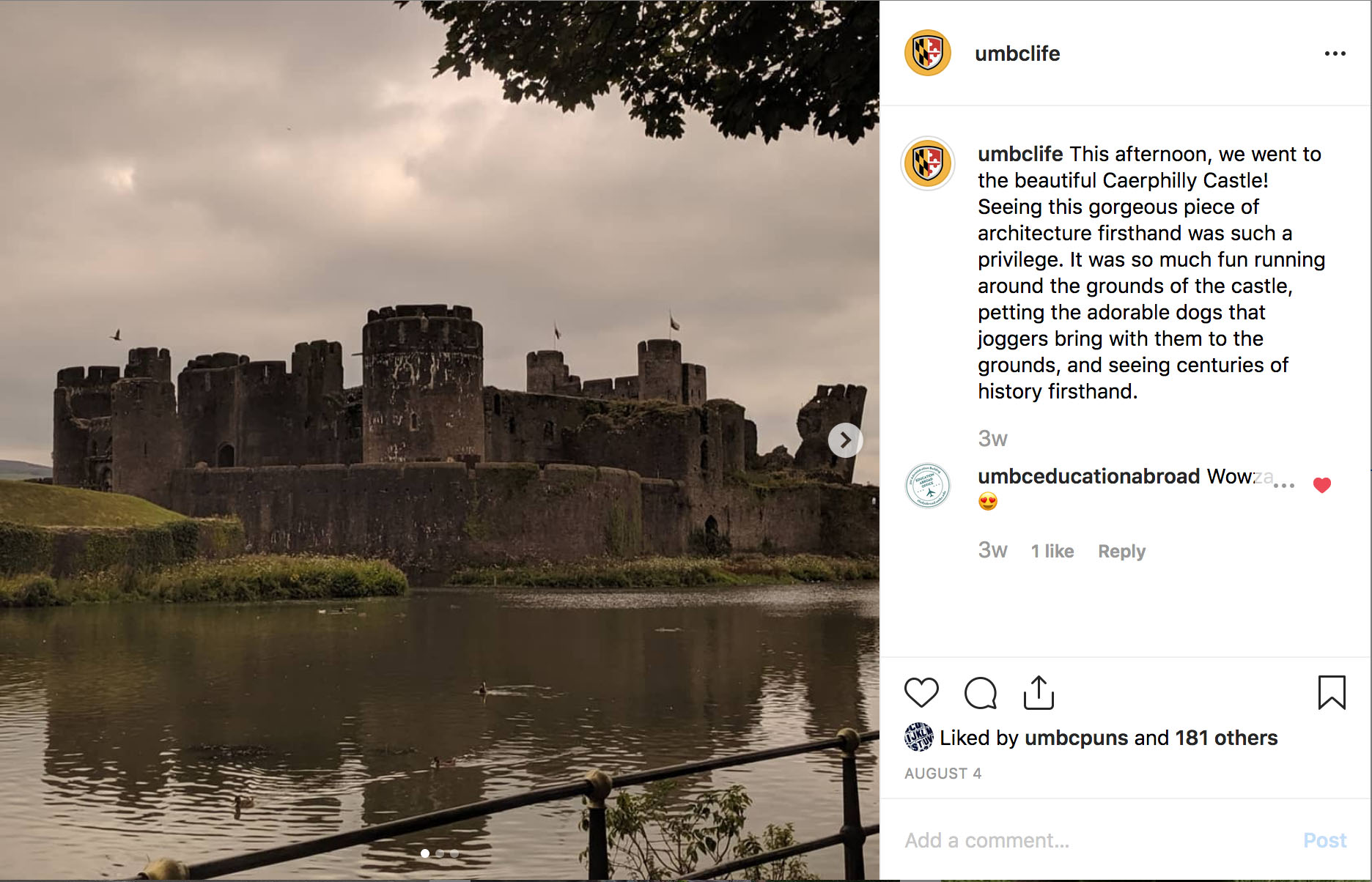 Screenshot of Umbc life Instagram post with Caerphilly Castle