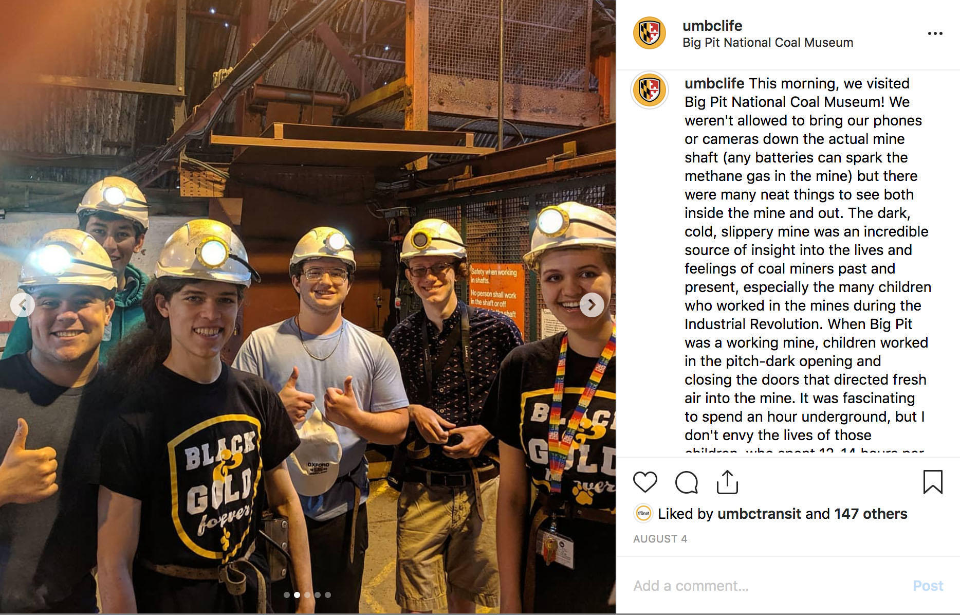 Screen shot of umbclife Instagram post with students in hard hats