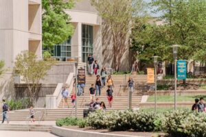 Students walk down stairs in front of a library, surrounded by spring plants, in the sunshine.