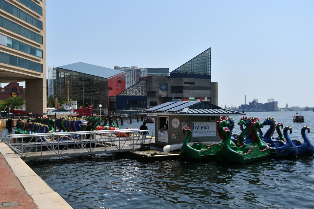 Dragon-shaped boats floating next to a small bridge walkway. Triangular glass buildings in the background of the Baltimore harbor.