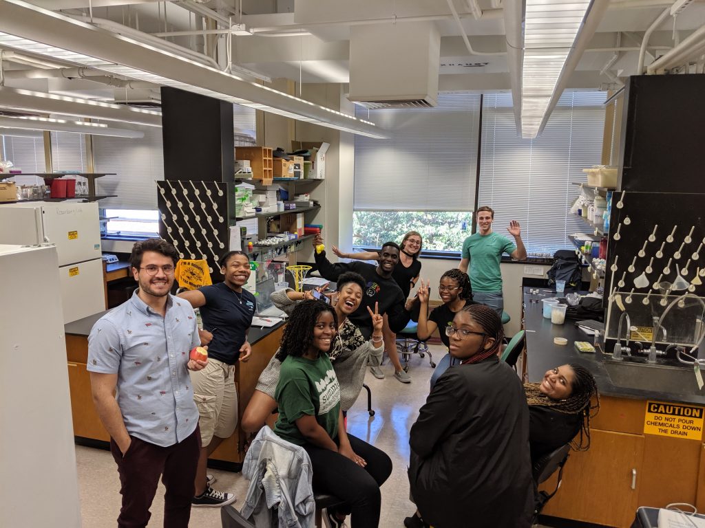 Ryan Oliver '19, rear, green shirt, with members of Fernando Vonhoff's lab. The lab members include undergraduates, graduate students, and a high school student. The UMBC students affiliate with programs such as STEM BUILD, LSAMP, MARC U*STAR, and the Meyerhoff Scholars. Photo courtesy Fernando Vonhoff.