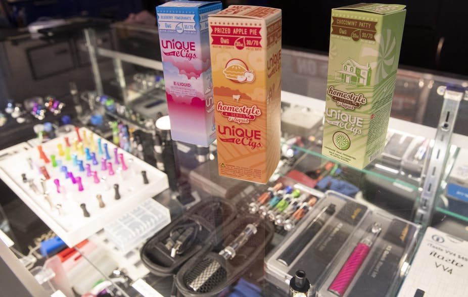 A vape shop in New York City shows a line of flavorings on Jan. 2, 2020. Mary Altaffer/AP Photo, CC BY-SA