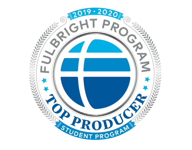 Circular blue, white, and grey logo for the Fulbright Program Top Producer.