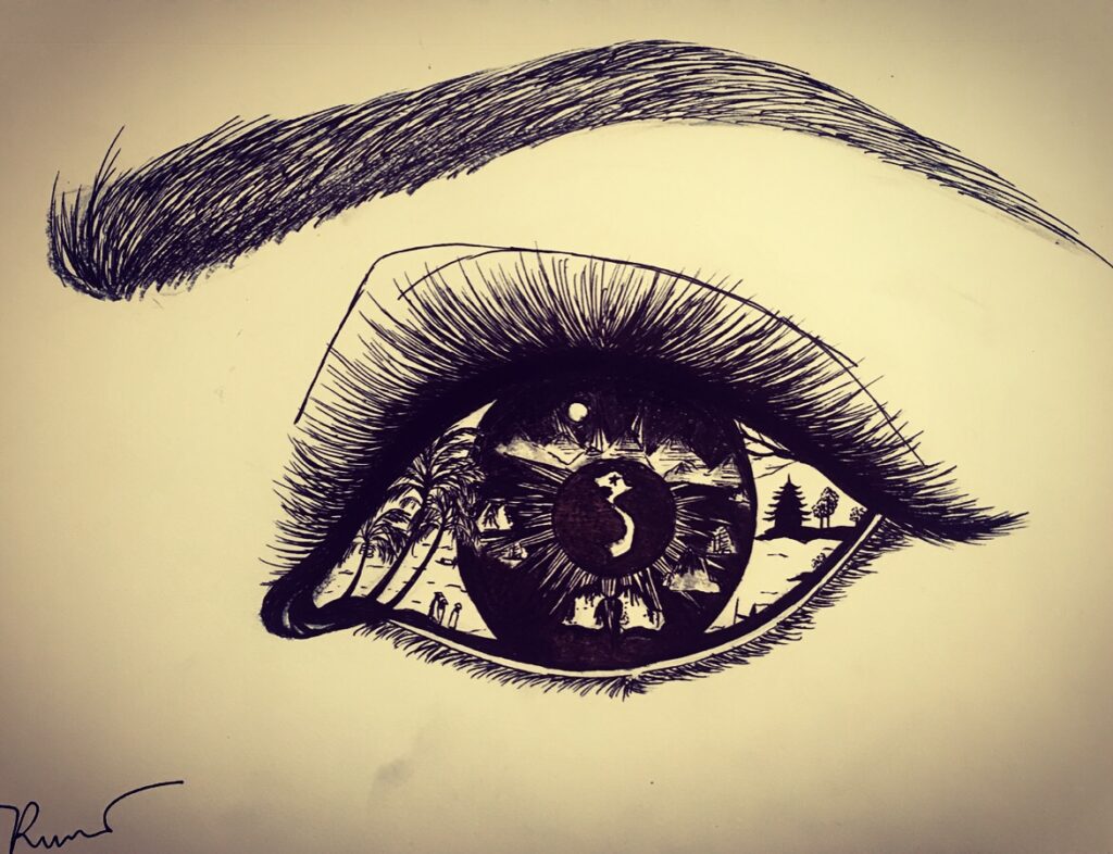 A black and white hand illustration of an eye and eyebrow with Vietnam and Vietnamese geographic and cultural icons within the eye.