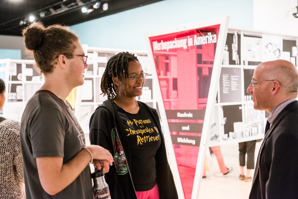 Scott Casper joins students at the exhibition A Designed Life, curated by associate professor Peggy Re, at the Center for Art, Design and Visual Culture.