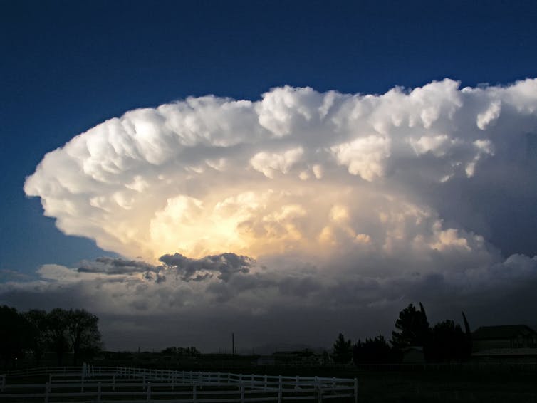 A large mushroom shaped cloud formation against a blue sky in New Mexico