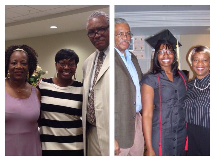 Two photos, each showing a group of two Black women and a Black man, smiling at the camera. 
