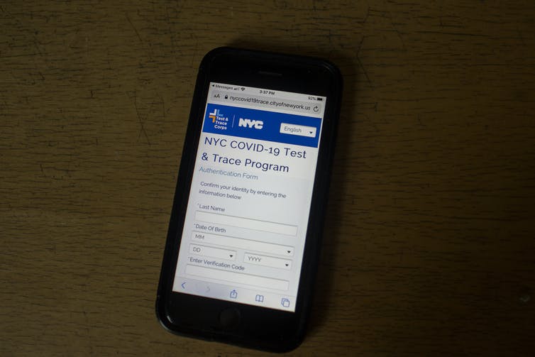 A COVID-19 patient's iPhone receives its daily contact tracing message from the city of New York.