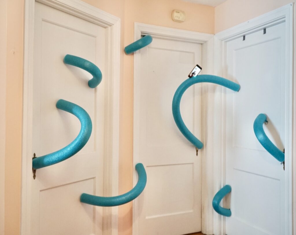 Art installation of curved foam pieces attached to different door frames. One of the foam pieces has an iPhone sticking out of it, with a small image of a person standing.