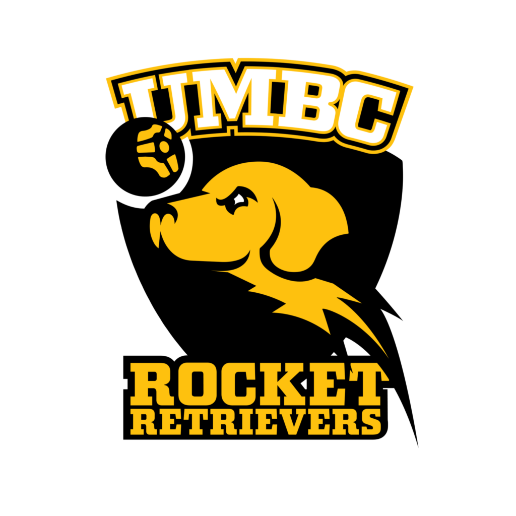 UMBC Rocket League team logo with yellow retriever heading a black and yellow soccer ball.