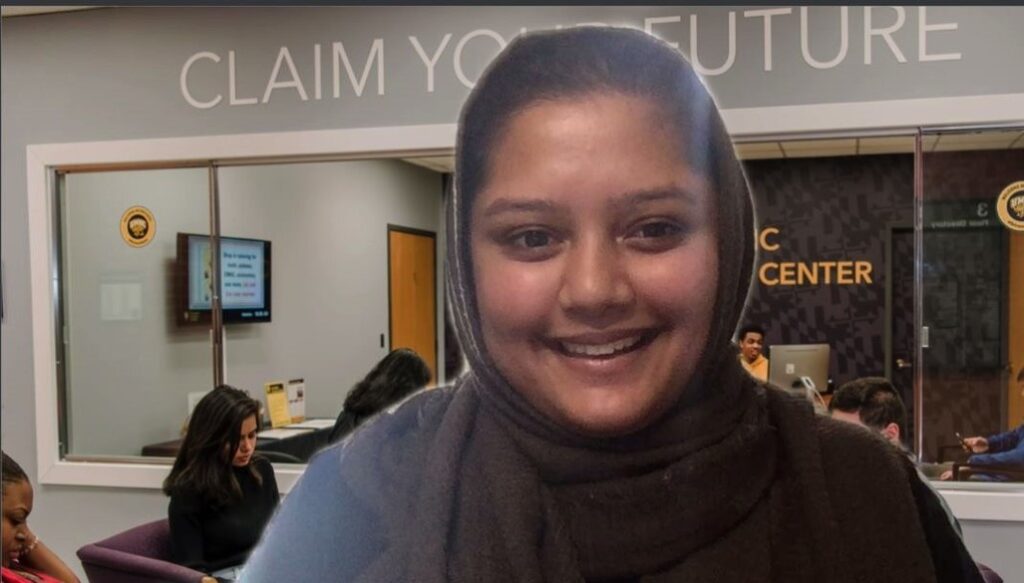 Portrait of smiling young woman in front of virtual backdrop of an office.