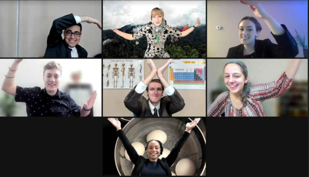 Screenshot of video call with seven young adults, each in their own box in a grid pattern. They wear professional attire.