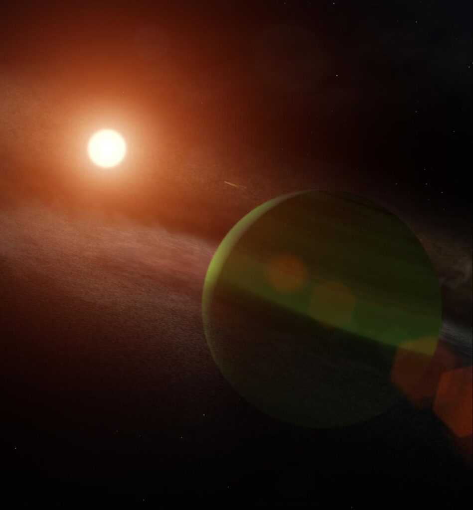 A large green sphere surrounded by wispy gray rings in the lower right, with a sun-like, smaller, yellow sphere in the upper left. 