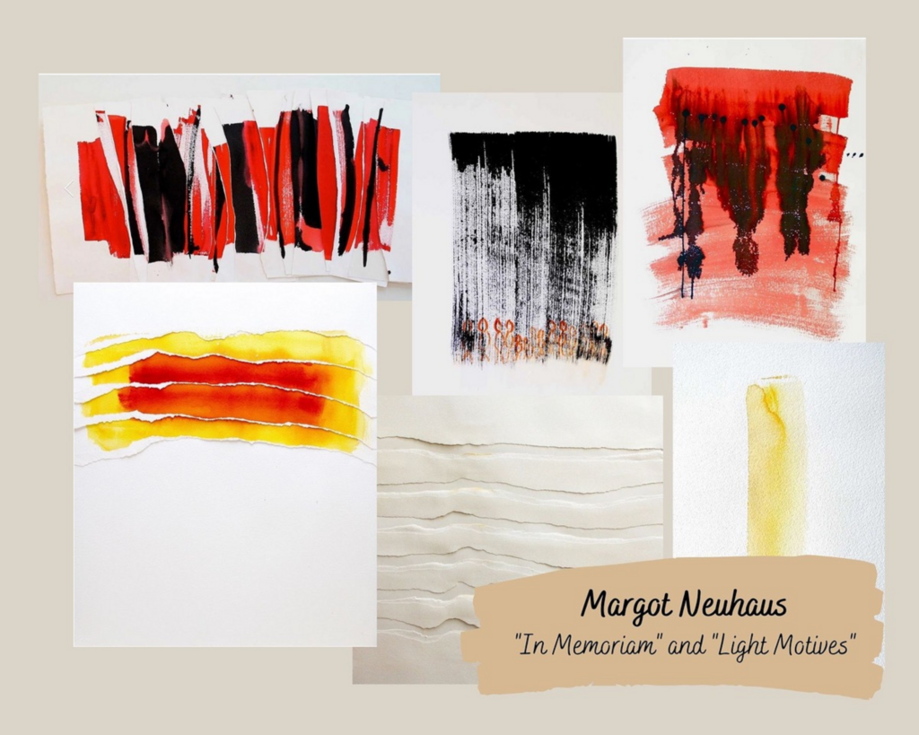 Five rectangular pieces of white paper with red, black, and yellow prints.