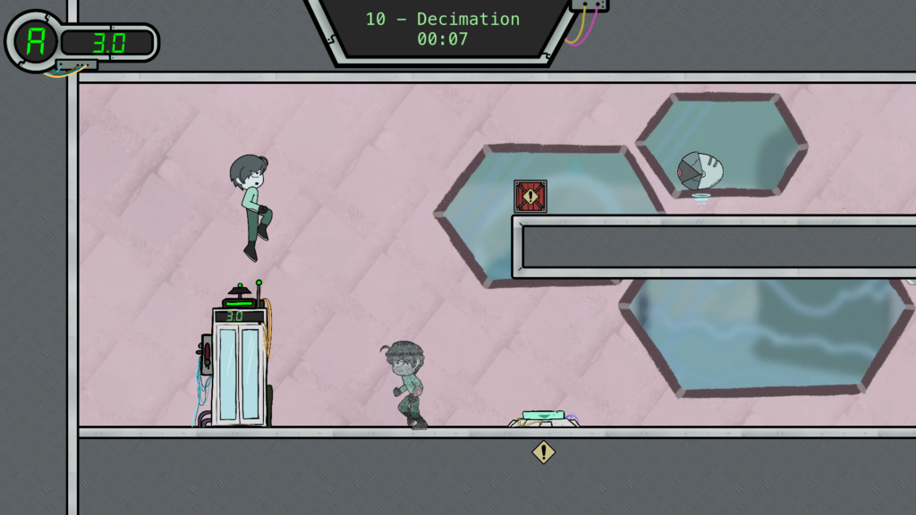 A digital drawing of virtual game with one character trying to jump on a platform and the other running the opposite way towards a door. A green timer at the top of the image counts down.