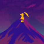An animation still of a character dressed in a bright yellow rain jacket and holding a yellow umbrella while standing at the summit of dark purple and blue mountain with dark purple clouds behind the mountain.