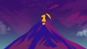 An animation still of a character dressed in a bright yellow rain jacket and holding a yellow umbrella while standing at the summit of dark purple and blue mountain with dark purple clouds behind the mountain.