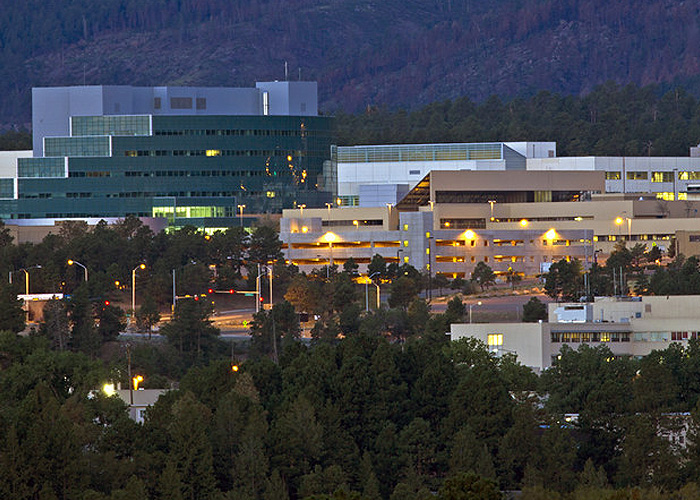 Modern-looking buildings surrounded by coniferous forest and hills, in the evening.