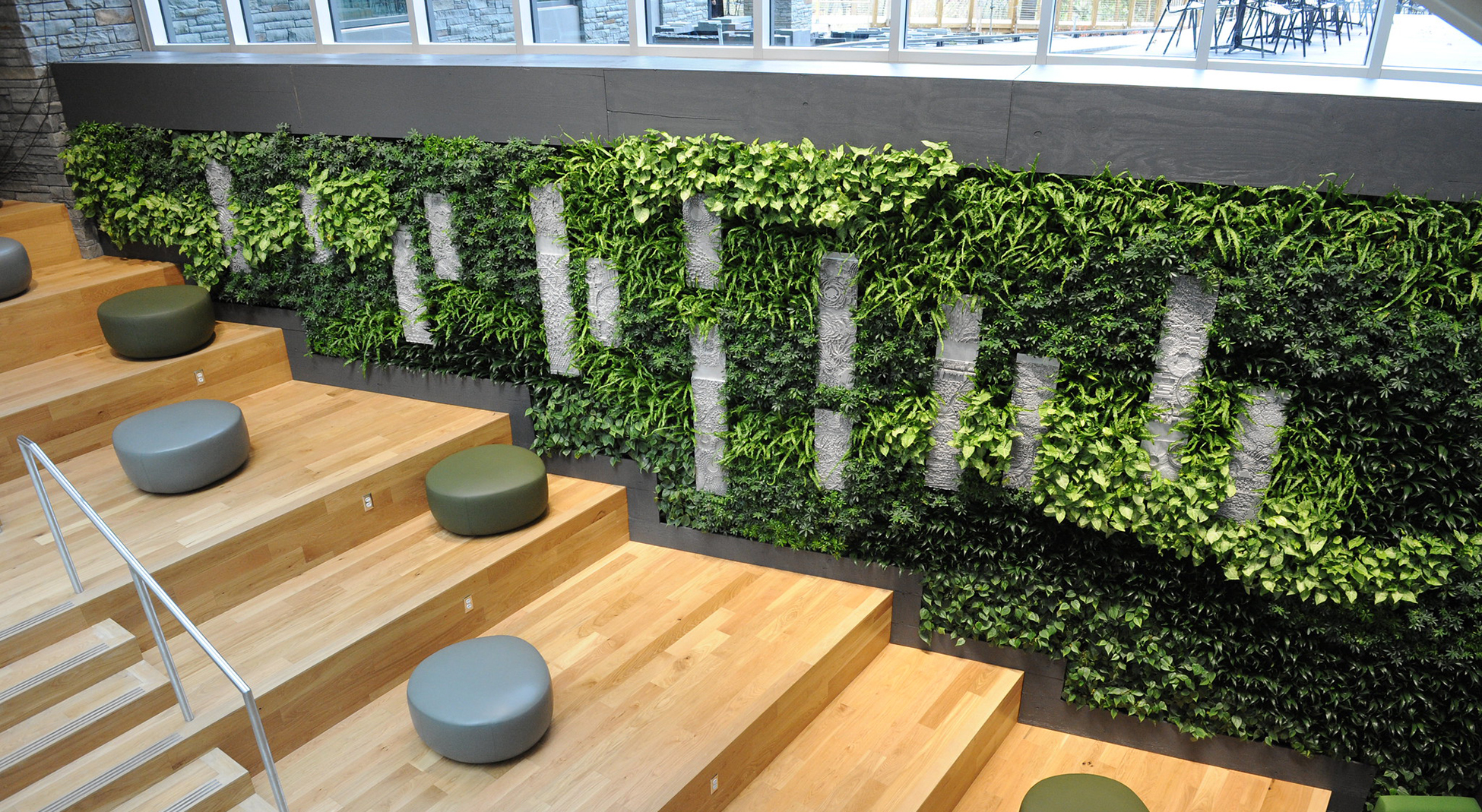 wooden stairway next to a vertical plant garden