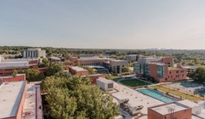 University campus as viewed from above, in summer.