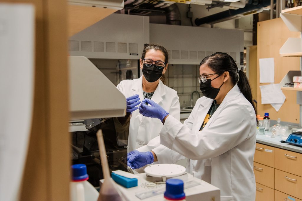 Two women in lab clothing and face masks look together at a sample.